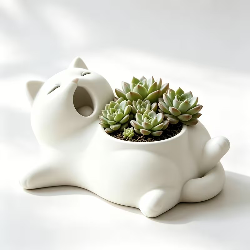 3D Printing Pot - Cute White Cat Yawning Flower Pot